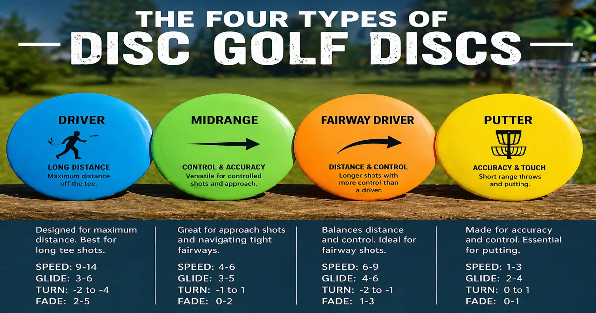 The four types of disc golf discs — driver, midrange, fairway driver, and putter with flight numbers