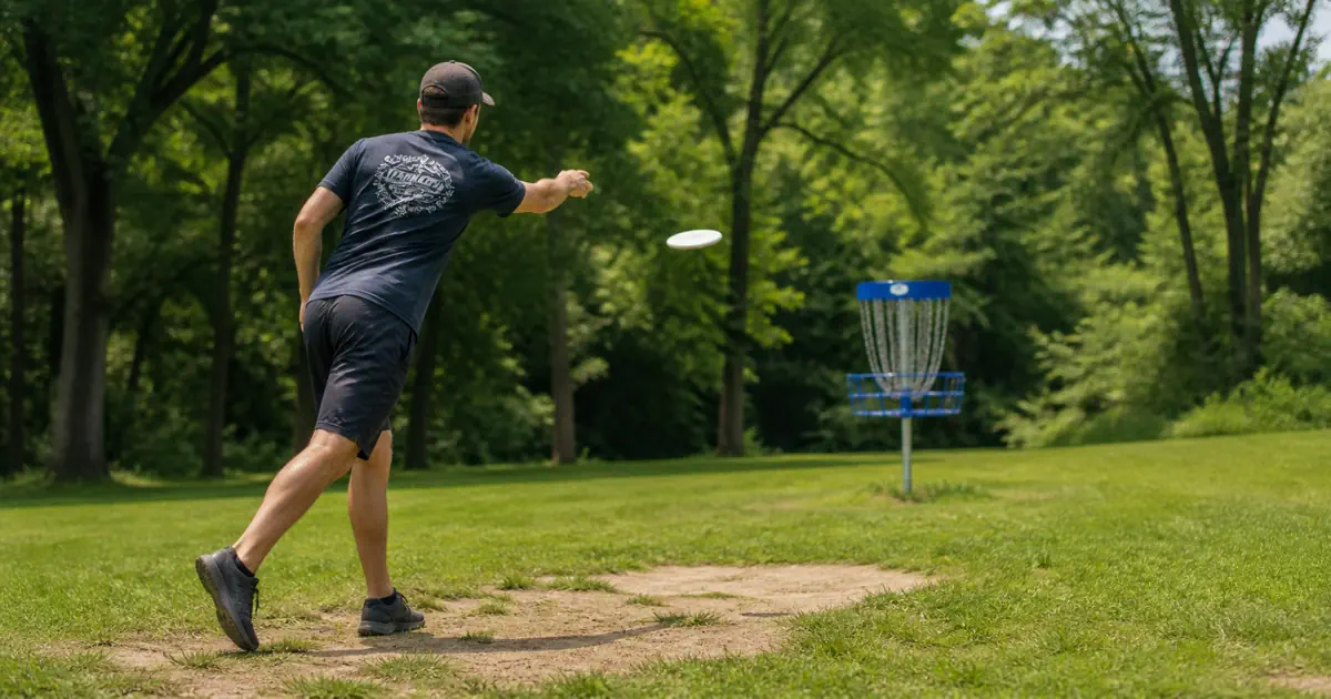 Disc golf putting stance — player in staggered stance facing the basket with arm extended in follow through