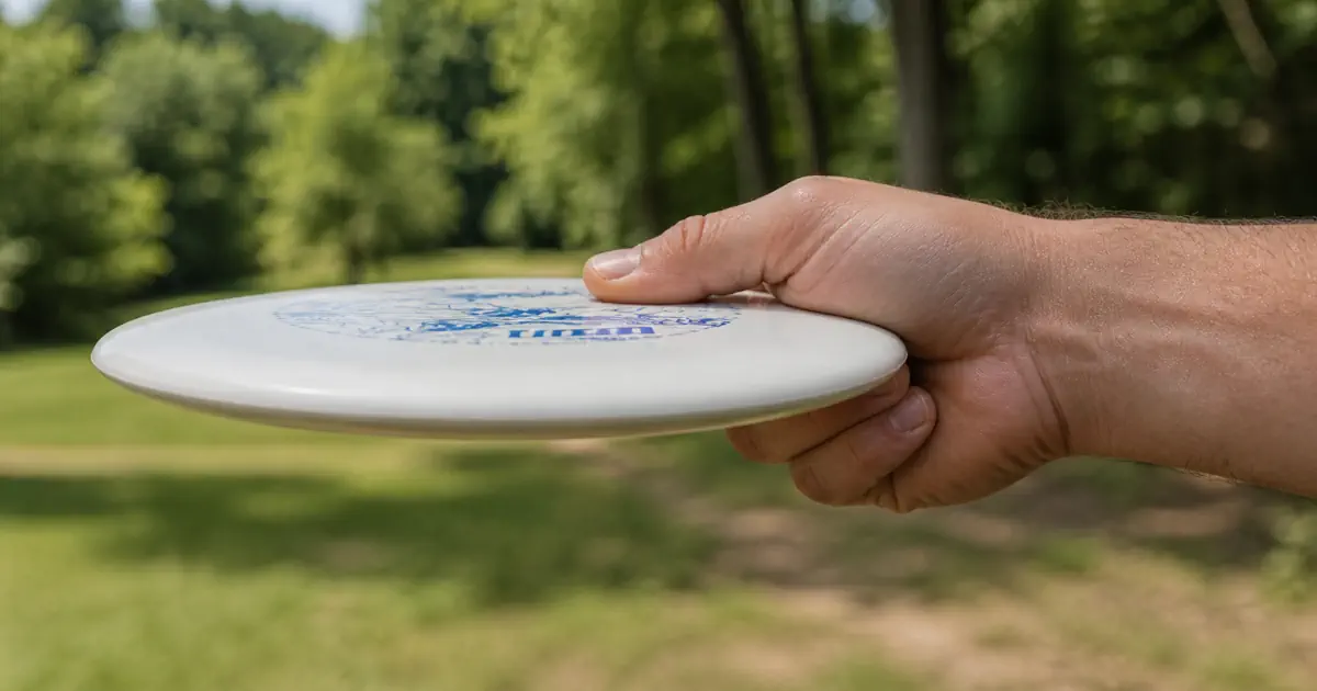Disc golf spin putt grip — four fingers curled under the rim with thumb on top